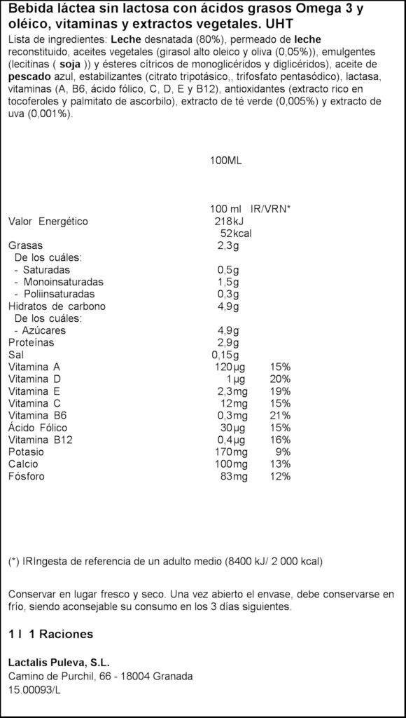 PULEVA LLET OMEGA3 DESNATADA SENSE LACTOSA 1L