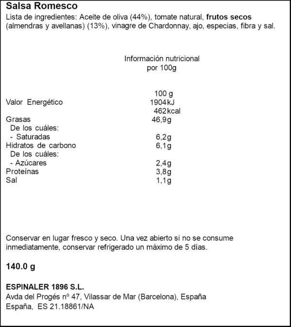 ESPINALER SALSA ROMESCO 140ML