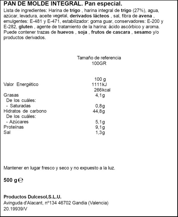 DULCESOL PAN DE MOTLLE INTEGRAL 500GR.