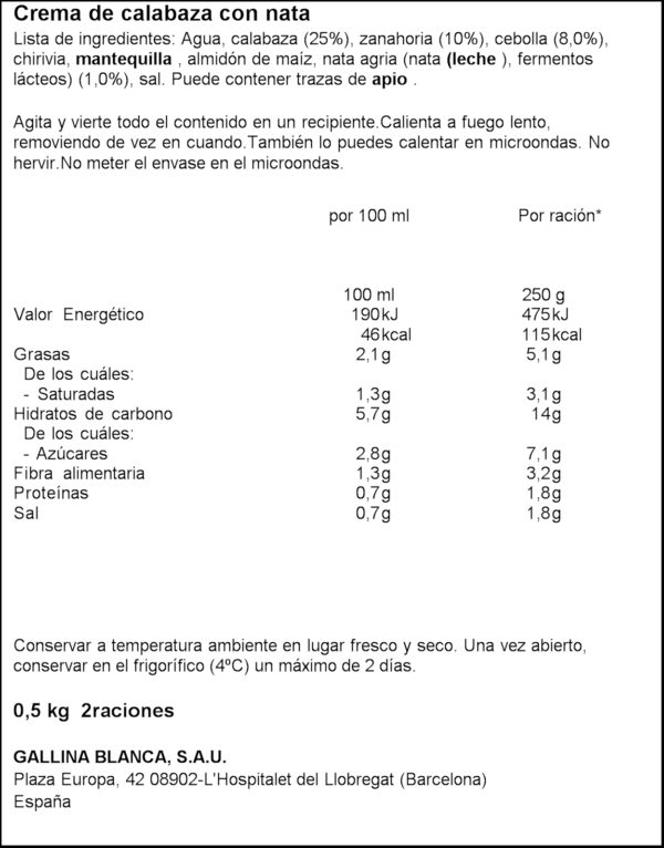 GALLINA BLANCA CREMA CARBASSA 500ML