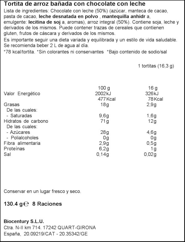 BICENTURY TORTITAS ARROS/XOCO LLET 130GR