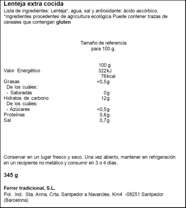 FERRER LLENTILLA EXTRA ECOLOGICA 345GR