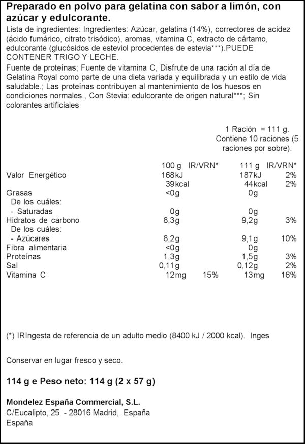 ROYAL GELATINA LLIMONA -30% SUCRE 114GR