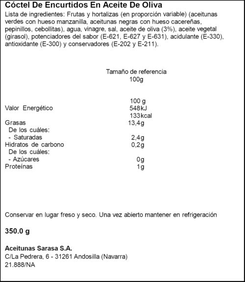 SARASA COCTEL EN OLI D'OLIVA 170GR