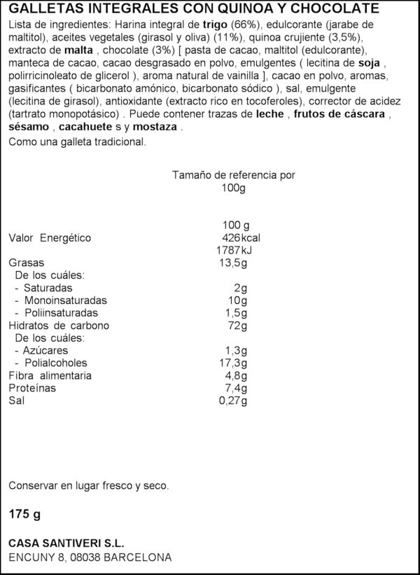 SANTIVERI GALETES DIGESTIVE QUINOA/XOCO 175GR