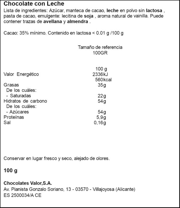 VALOR XOCO LLET S/LACTOSA 100GR