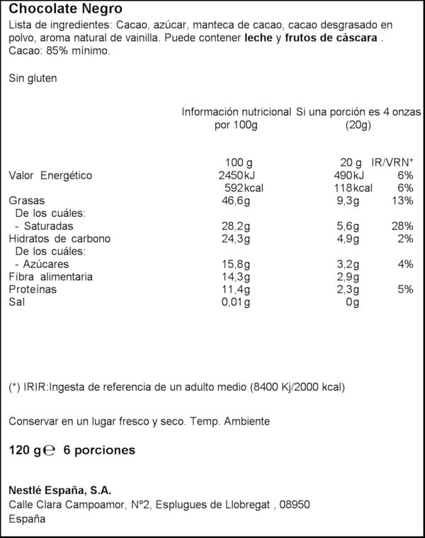 NESTLE DARK XOCOLATA NEGRA 85% CACAU 120GR