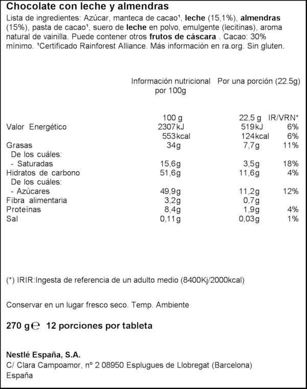 NESTLE XOCOLATA LLET EXTRA FI AMB AMETLLA 270GR