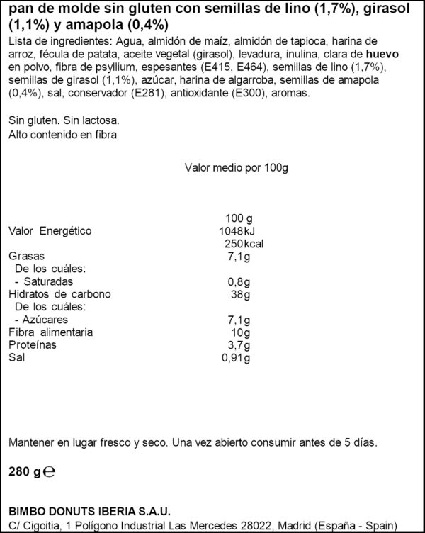 BIMBO PDM SEMILLAS SIN GLUTEN 280G