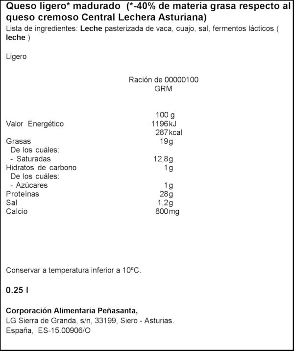 CENTRAL LECHERA ASTURIANA LLESQUES LLEUGER ASTURIANA 250GR