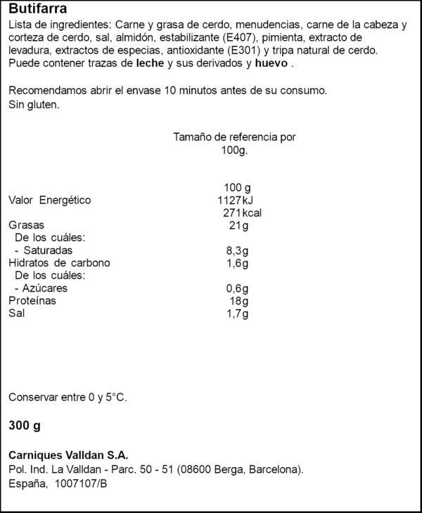 VALLDAN BUTIFARRA BLANCA 300GR