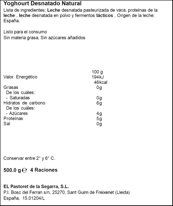 PASTORET IOGURT DESNATAT 0%MG 500GR