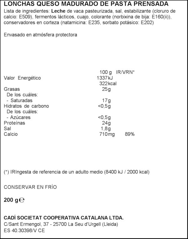 CADI FORMATGE TALLS SENSE LACTOSA 200GR