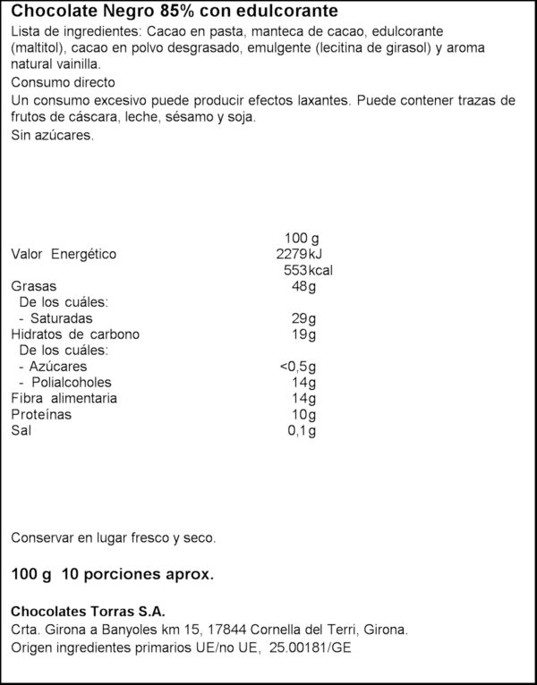 TORRAS XOCO NEGRA 85CAU SENSE SUCRE 100GR