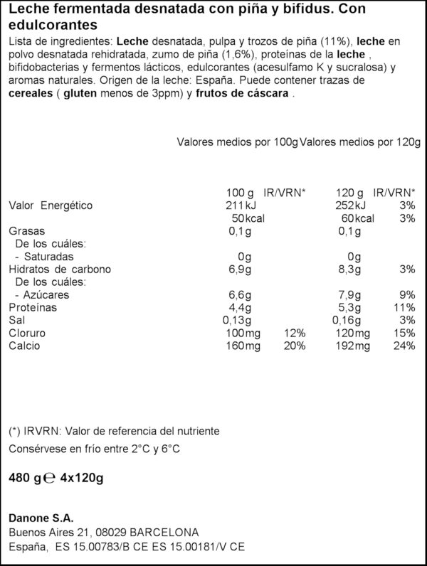 ACTIVIA IOGURT BIFIDUS 0%MG PINYA 4X125GR