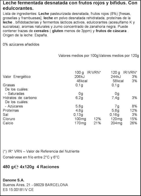 ACTIVIA IOGURT BIFIDUS 0%MG F.VERMELLS 4X125GR