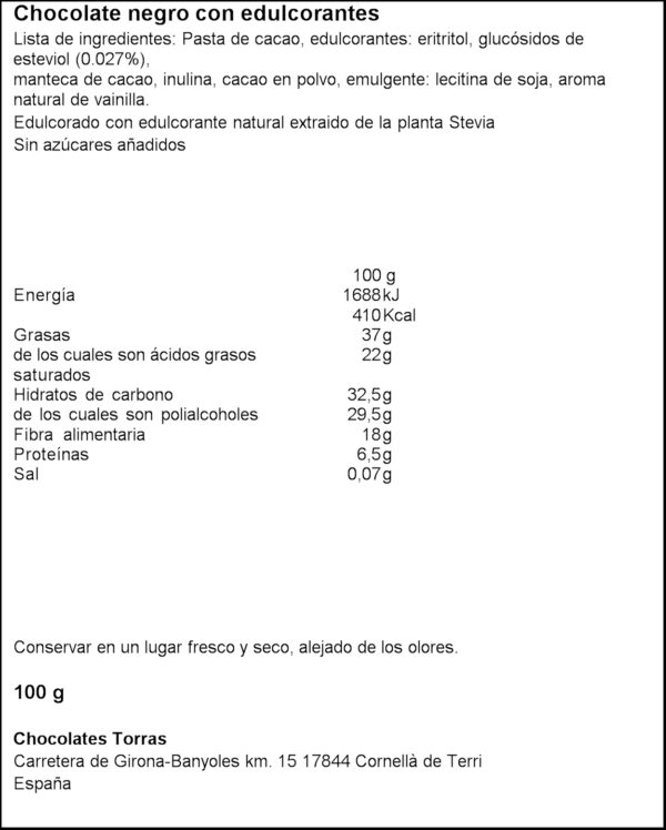 TORRAS XOCOLATA NEGRE 60% CACAU SENSE GLUTEN