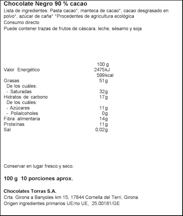 TORRAS XOCOLATA BIO 90% NEGRE 100GR