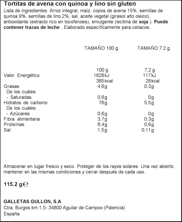 GULLON TORTITAS CIVADA QUINOA I LLI 115 GR