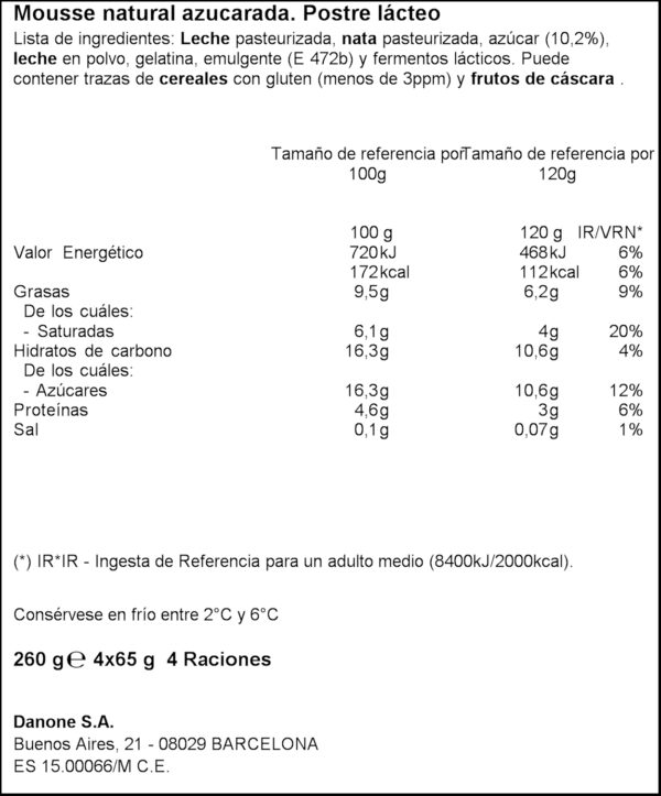 DANONE MOUSSE NATURAL ENSUCRADA 4X65GR