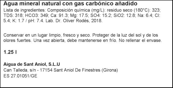 SANT ANIOL AIGUA MINERAL NATURAL AMB GAS 1,25L