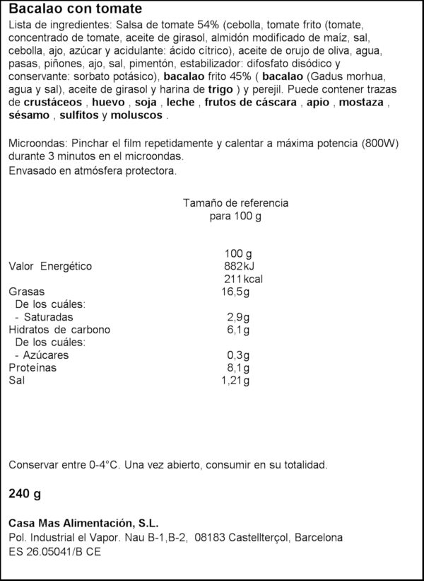 CASA MAS BACALLÀ AMB TOMÀQUET 240GR