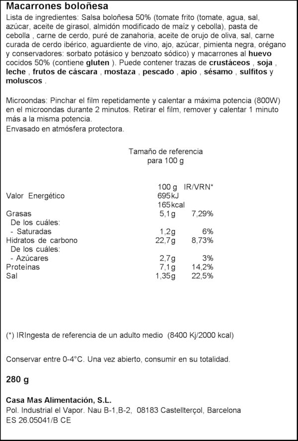 CASA MAS MACARRONS BOLONYESA 280GR