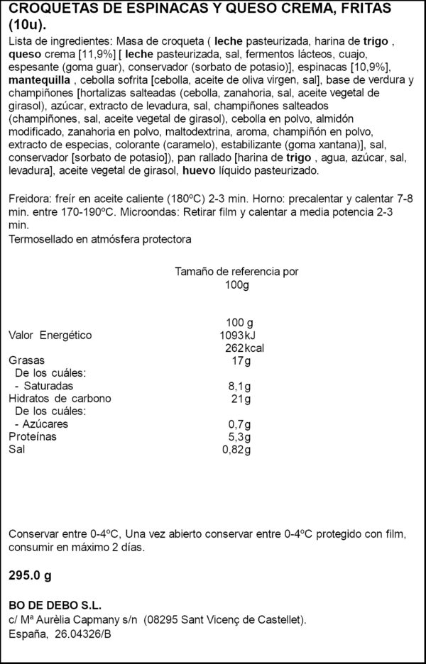 BO DE DEBO CROQUETES ESPINACS FORMATGE X10 295GR