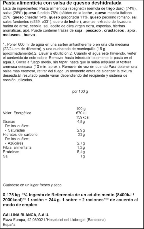 GALLINA BLANCA ESPAGUETIS 3 FORMATGES 175GR