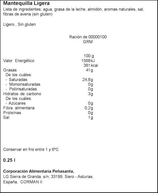 ASTURIANA MANTEGA LLEUGERA 250GR