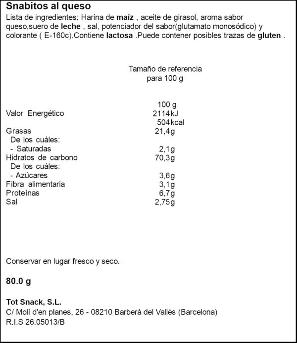 TOT SNACK SNABITOS DE FORMATGE 90GR