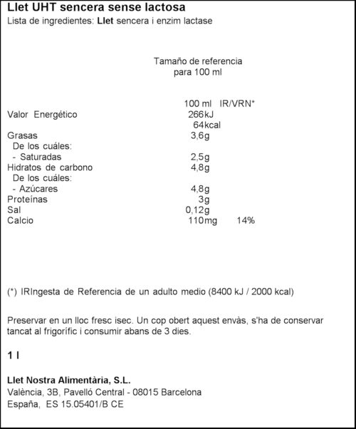 LLET NOSTRA LLET SENCERA 1L