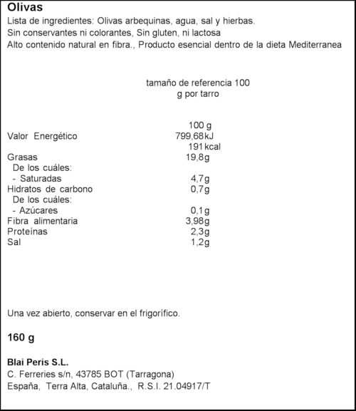 BLAI OLIVES ARBEQUINA 160GR