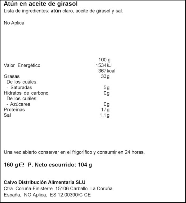 CALVO TONYINA EN OLI DE GIRA-SOL 160GR