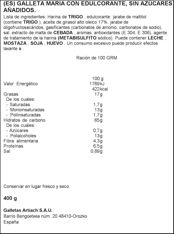 ARTIACH MARBU GALETA 0% SUCRE 400G