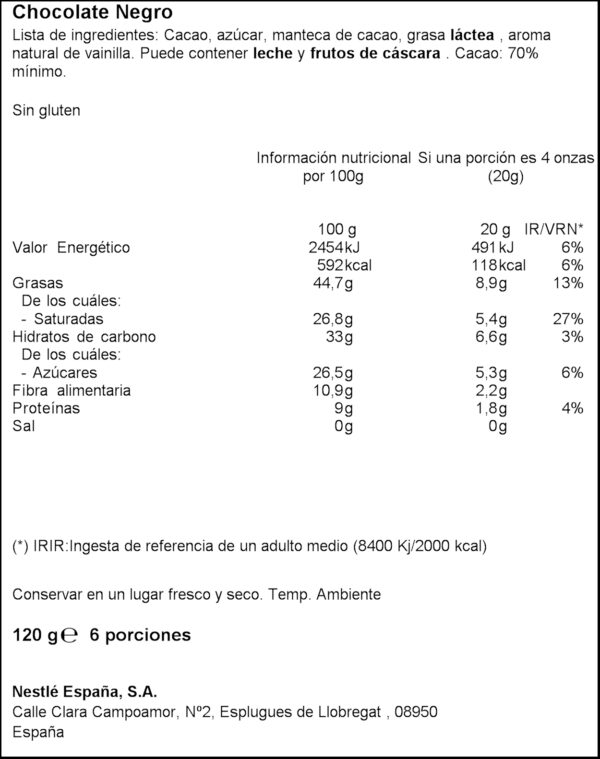 NESTLE XOCOLATA NEGRE 70CAU SENSE SUCRE 120GR