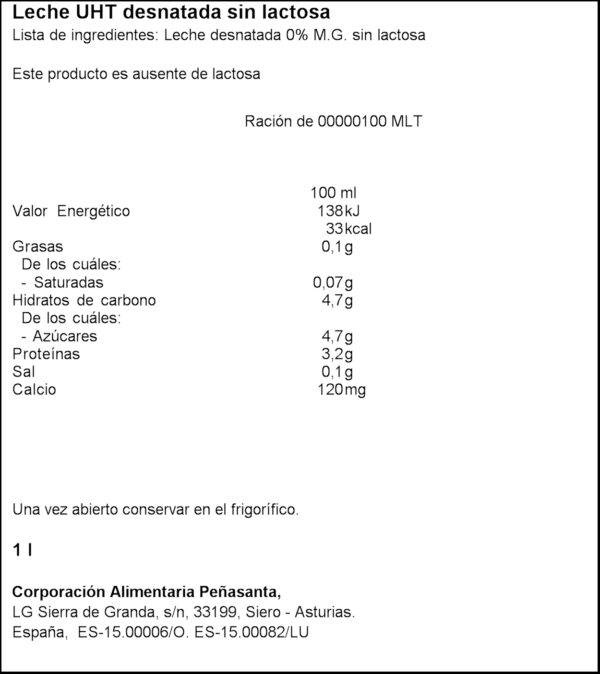 ASTURIANA LLET DESNATADA S/LACTOSA 0%MG 1L