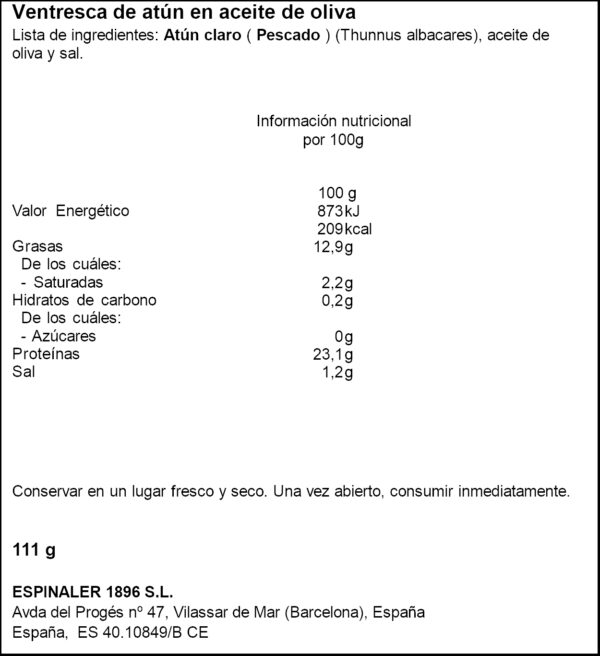 ESPINALER VENTRESCA DE TONYINA EN OLI D´OLIVA 120GR