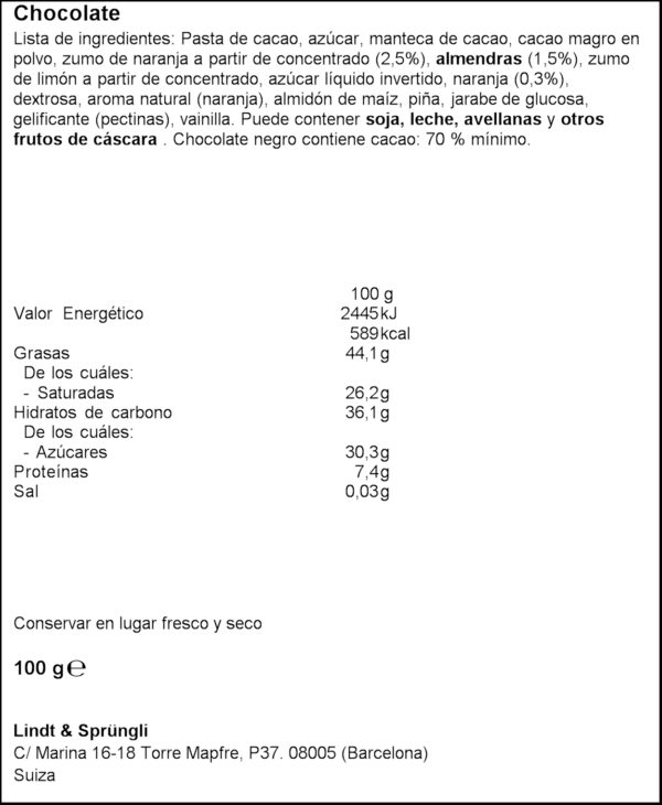 LINDT EXCEL. XOC. TRJ/AMTLL 70% CACAU 100GR