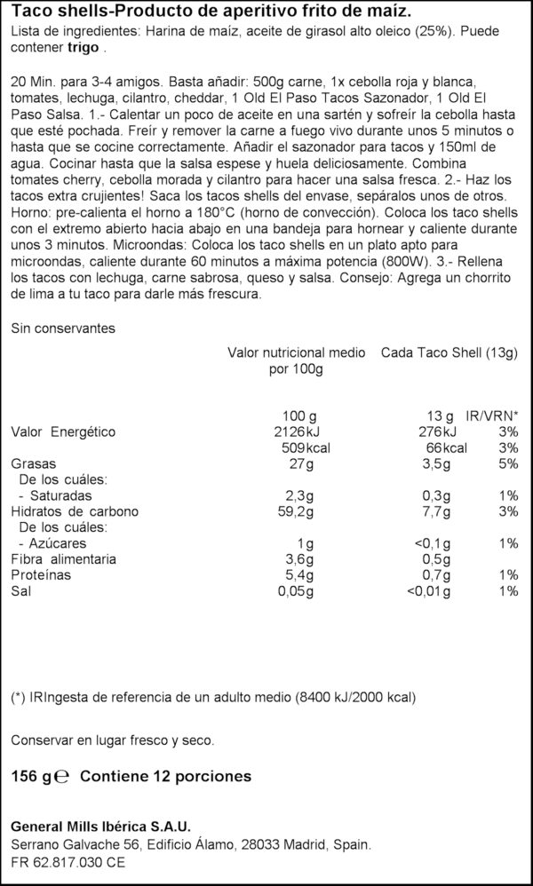 OLD EL PASO TACO SHELL 156GR