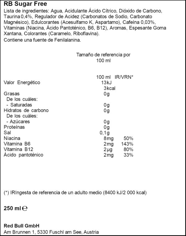 RED BULL SUGAR FREE 25CL
