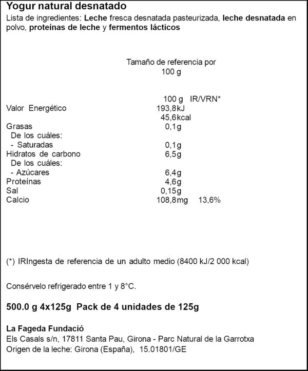 LA FAGEDA IOGURT NATURAL 0%MG 4X125GR