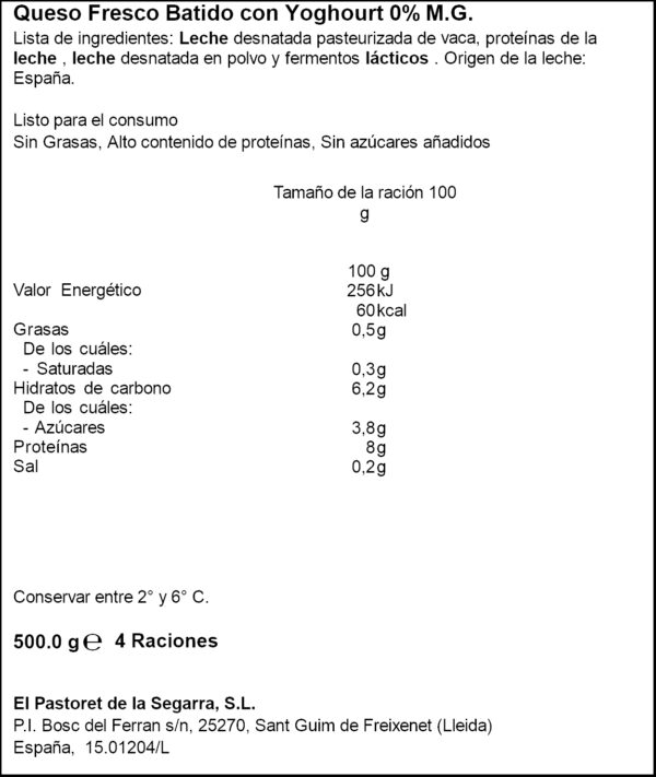 PASTORET FORMATGE FRESC BATUT 0% 500GR