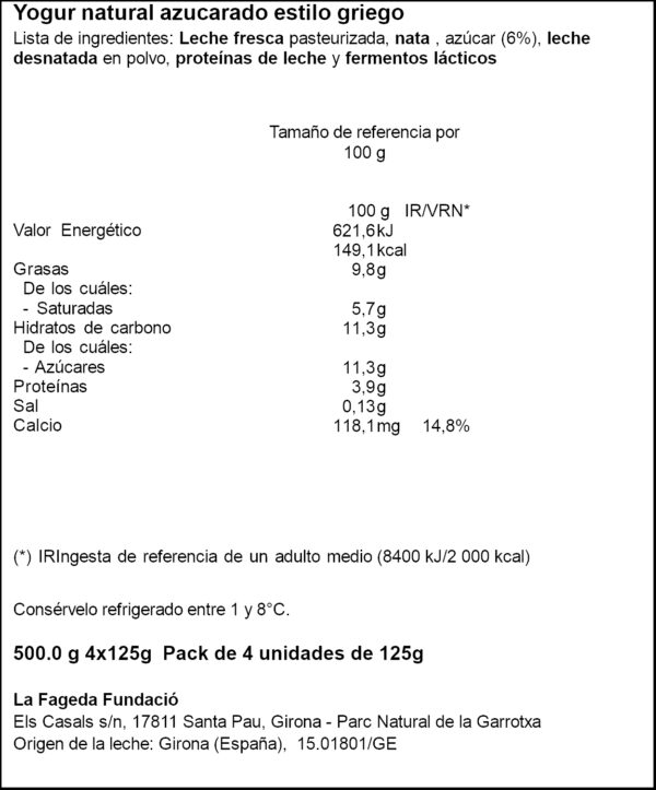 LA FAGEDA IOGURT GREC ENSUCRAT 4X125GR