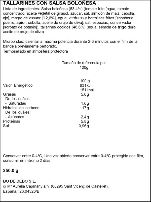 BO DE DEBO TALLARINES A LA BOLONYESA 300 GRS