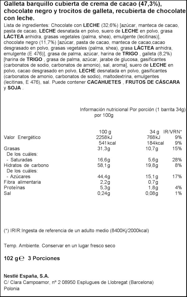 NESTLE BARRETES DE XOCO LLET I GALLETA 3X34GR