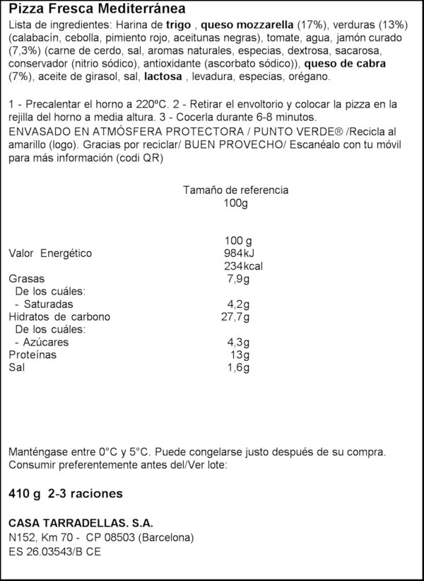 TARRADELLAS PIZZA MEDITERRANEA 410GR
