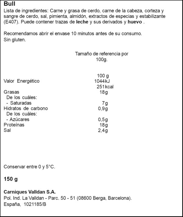 VALLDAN BULL NEGRE 150GR