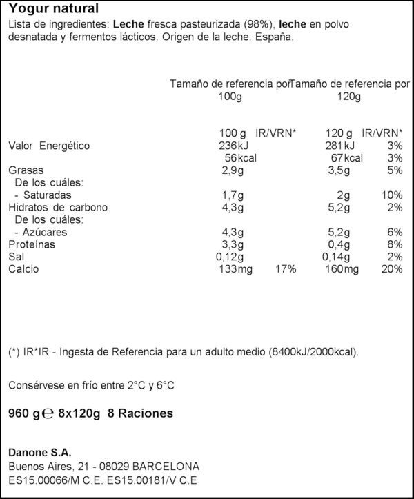 DANONE IOGURT NATURAL 8X125GR