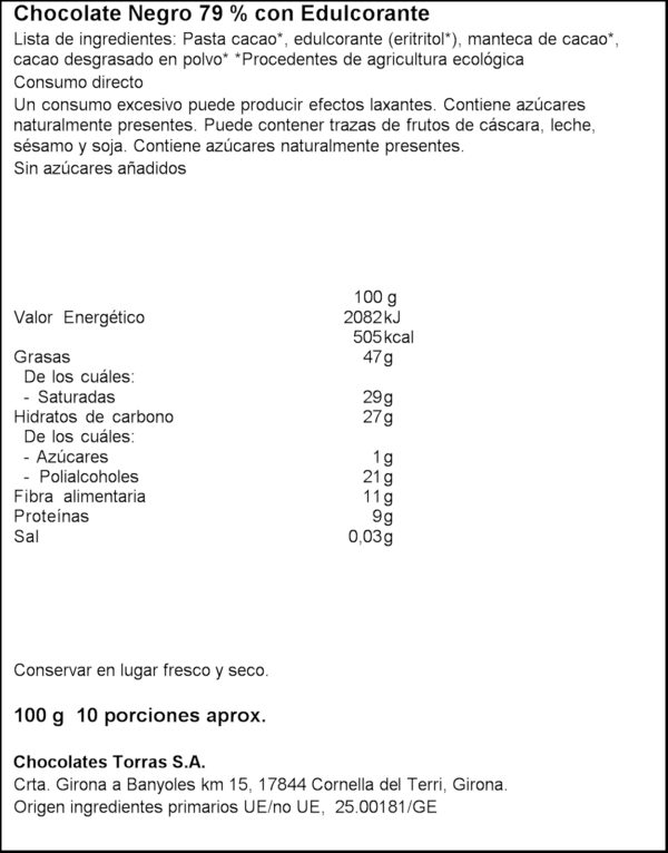 TORRAS XOCOLATA NEGRE 79% CACAU 100GR